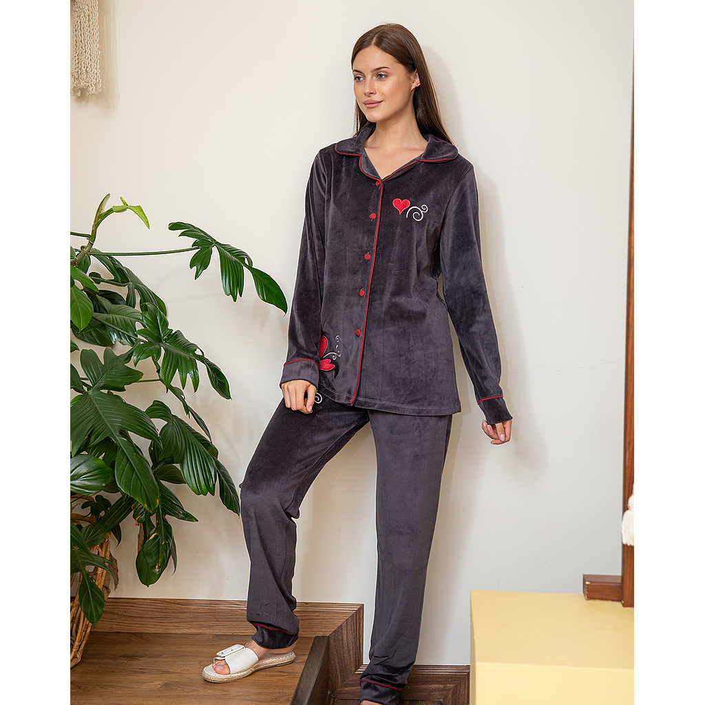 Women's pajamas embroidered with hearts, velvet pants