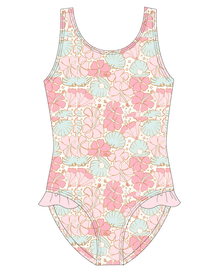 Girls' swimsuit printed with Huawei flowers